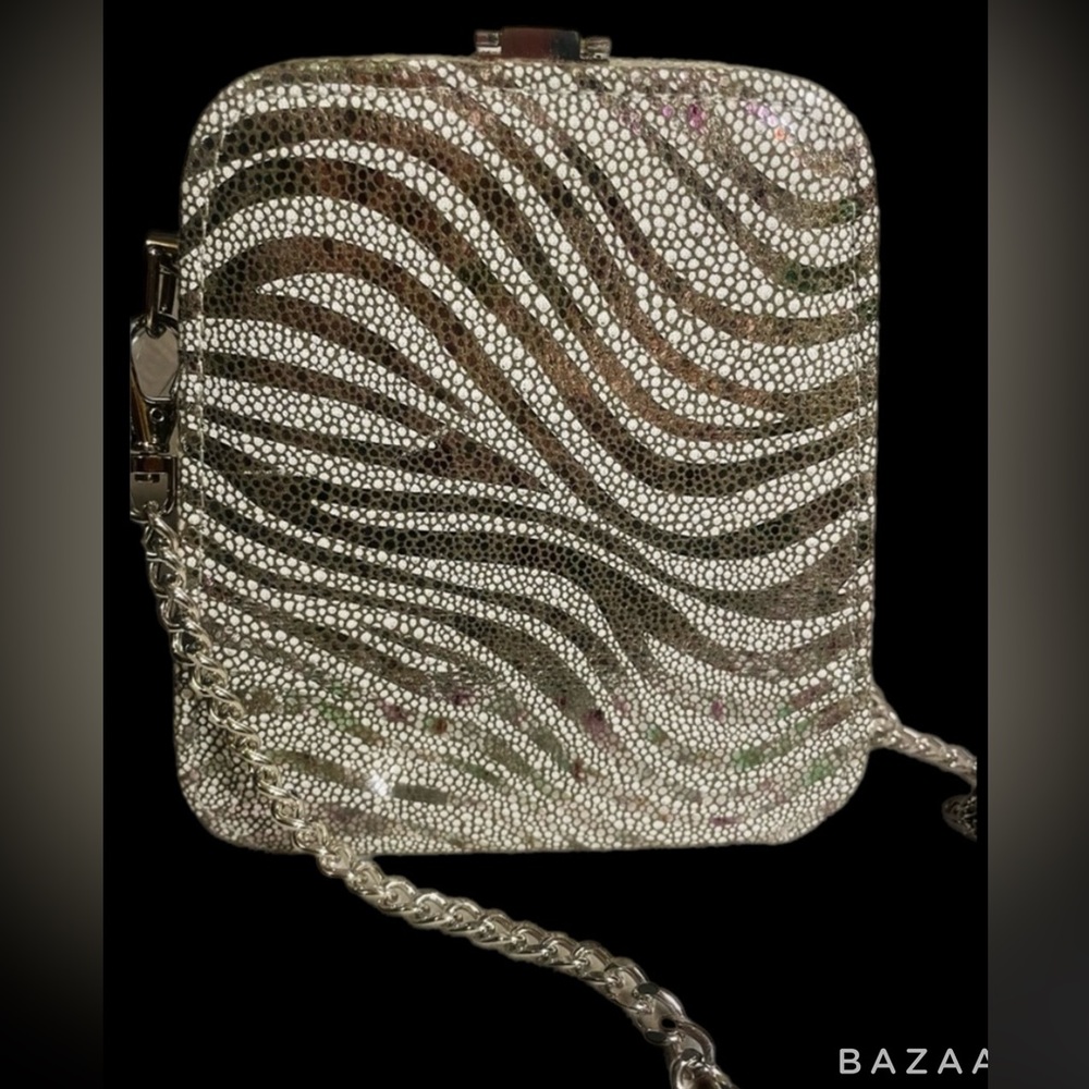 NWT Metallic Zebra Print Evening Clutch Bag Silver purse D’MARGEAUX NEW YORK - Picture 2 of 9
